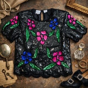 Vintage Stenay Black Sequined Silk Beaded Floral Glam Top Party Blouse Medium
